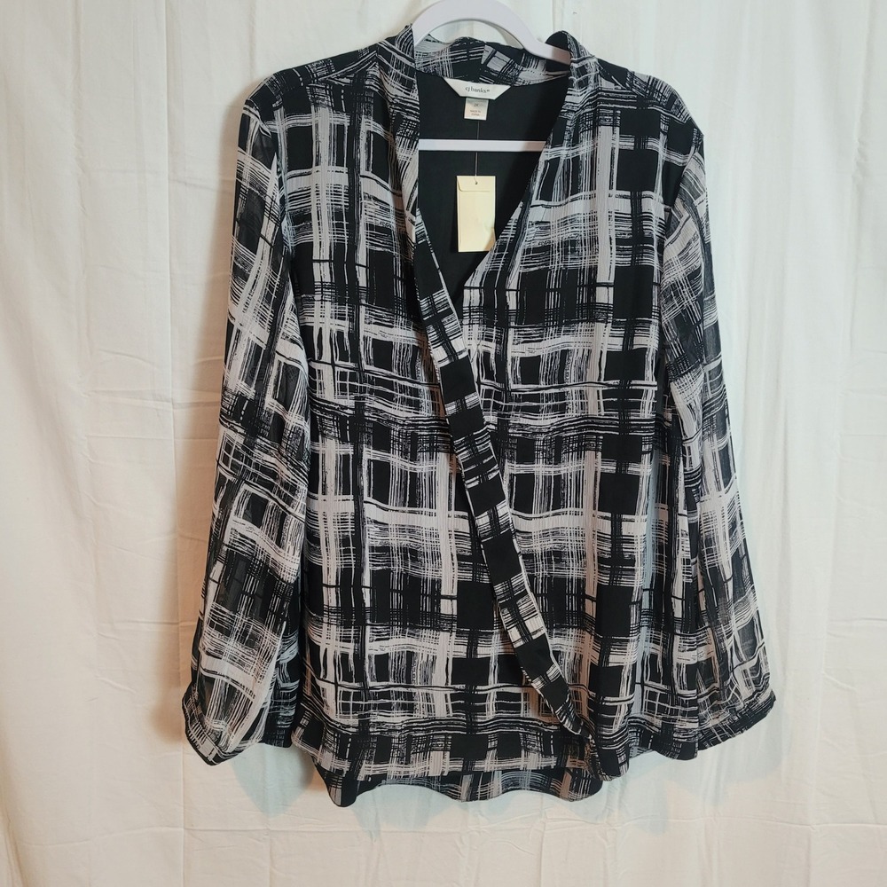 CJ Banks Womens 2X Black White Abstract Grid Artsy Chiffon Blouse Plus Size NWT